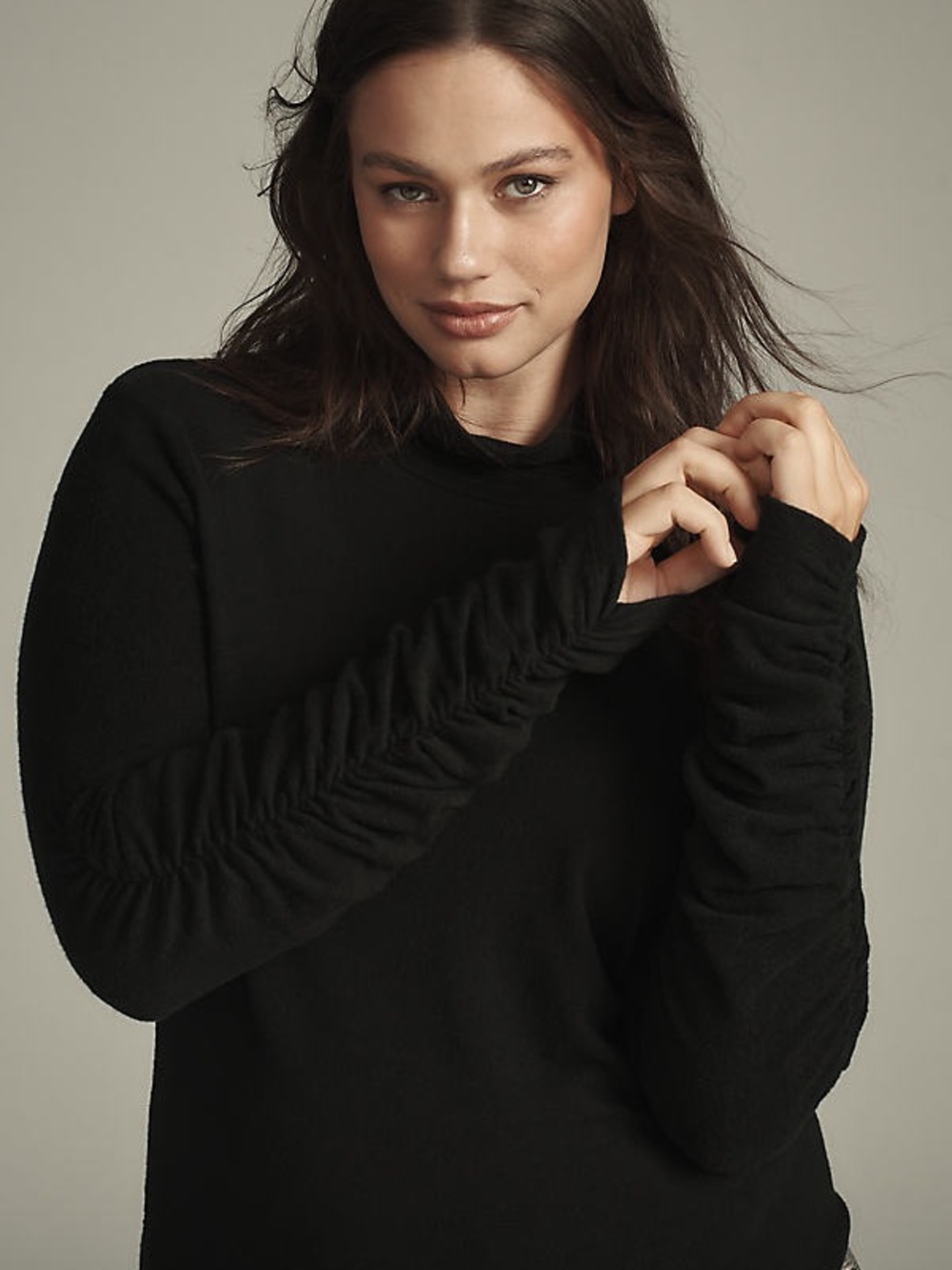 Anthropologie Black Ruched-Sleeve Pullover